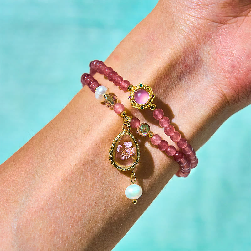 Natural Strawberry Quartz Pearl Butterfly Water Drop Positive Double Wrap Bracelet - Image 7