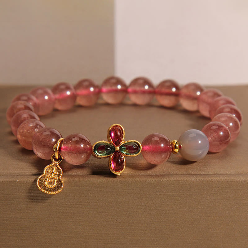 Strawberry Quartz Four-leaf Clover Lucky Gourd Healing Bracelet