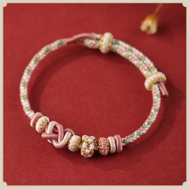 Handcrafted Peach Blossom Peace Knot Colorful Rope Adjustable Bracelet - Image 6