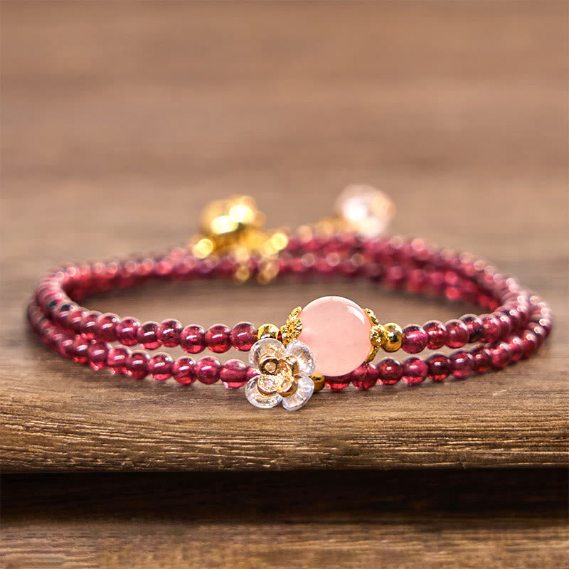 Natural Flower Garnet Pink Crystal Calm Double Wrap Bracelet