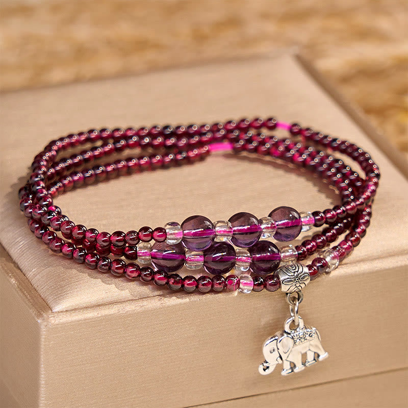 Natural Garnet Elephant Abacus Lucky Bag PiXiu Protection Triple Wrap Bracelet
