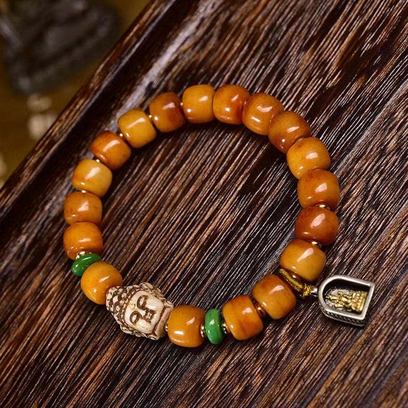 Natural Tibetan Camel Bone Barrel Beads Buddha Head Luck Protection Bracelet