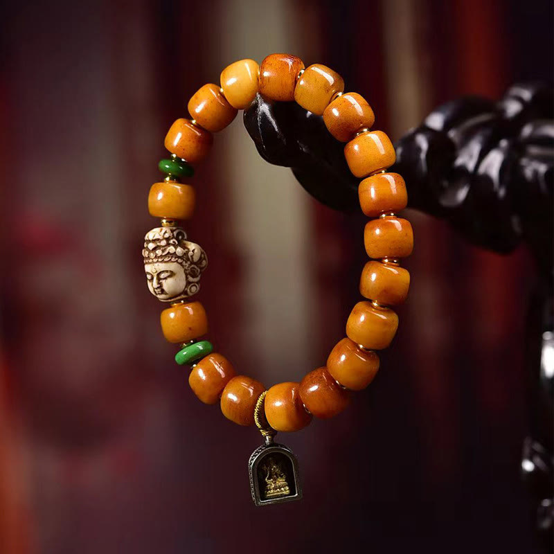 Natural Tibetan Camel Bone Barrel Beads Buddha Head Luck Protection Bracelet - Image 3