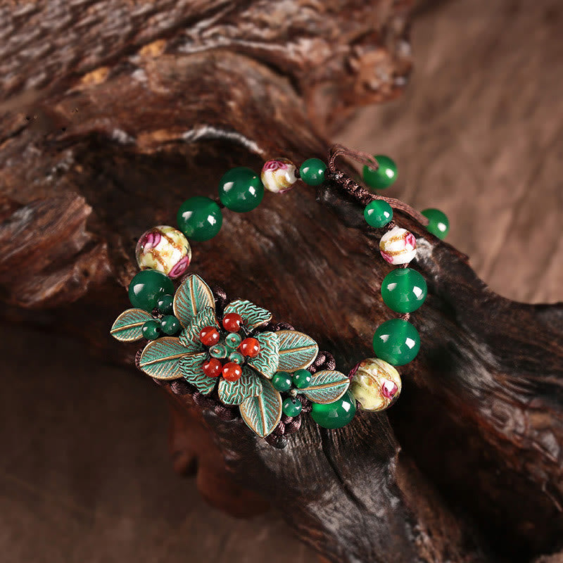 Green Agate Glass Flower Beads Braided Knot Support Bracelet