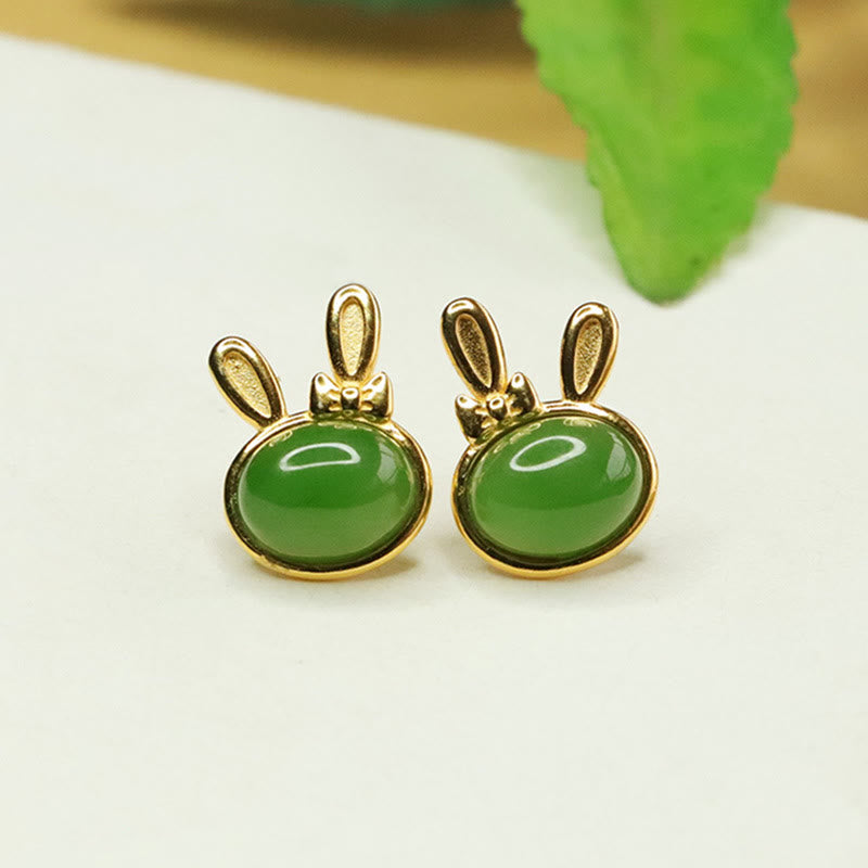 925 Sterling Silver Hetian Cyan Jade Cute Rabbit Luck Stud Earrings