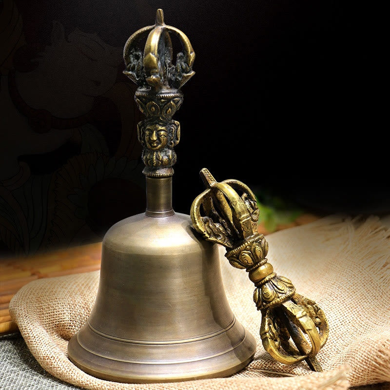 2Pcs Handmade Tibetan Meditation Bell and Vajra Dorje Copper Strength Decoration Set