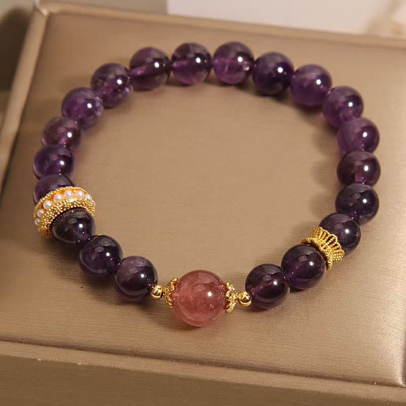 Natural Amethyst Lucky Strawberry Quartz Beads Peace Bracelet