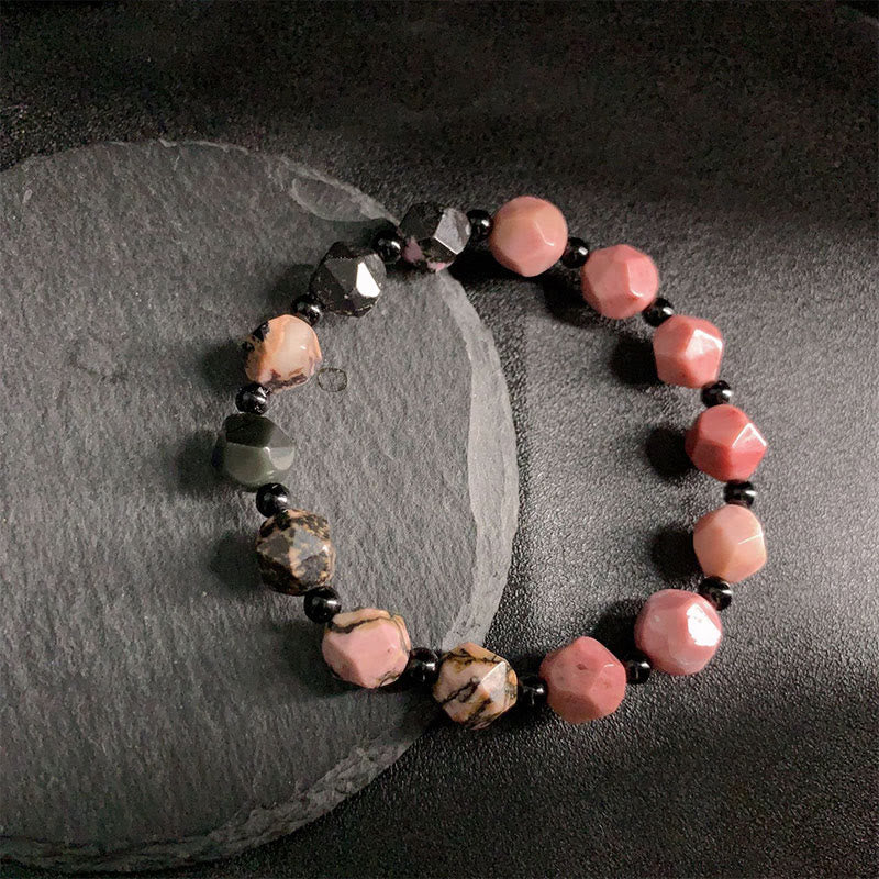 Natural Rhodonite Black Line Red Spot Stone Polygon Beads Healing Bracelet