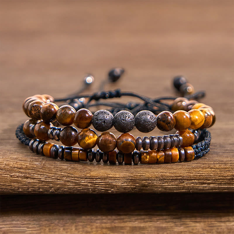 3Pcs Tiger Eye Lava Rock Protection Bracelet Set