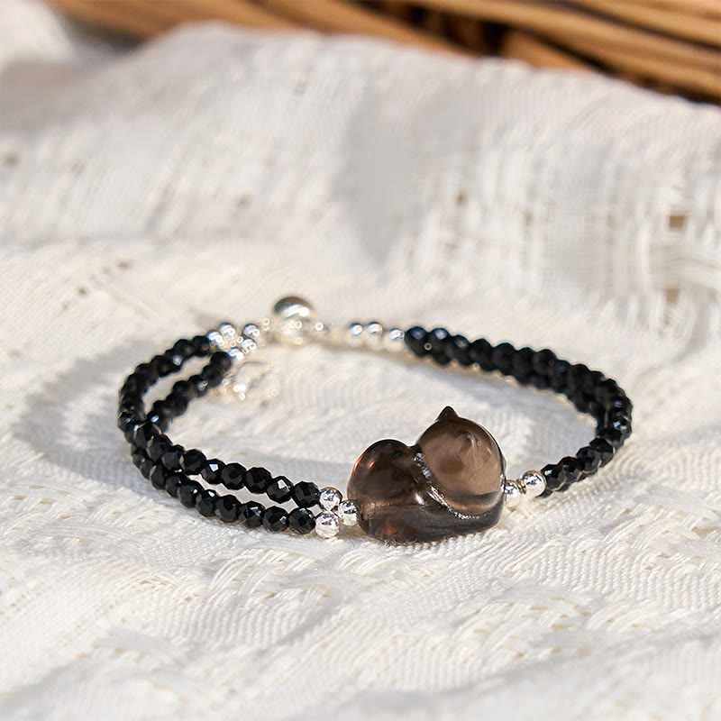 Ice Obsidian Black Spinel Lying Cat Courage Double Layer Bracelet