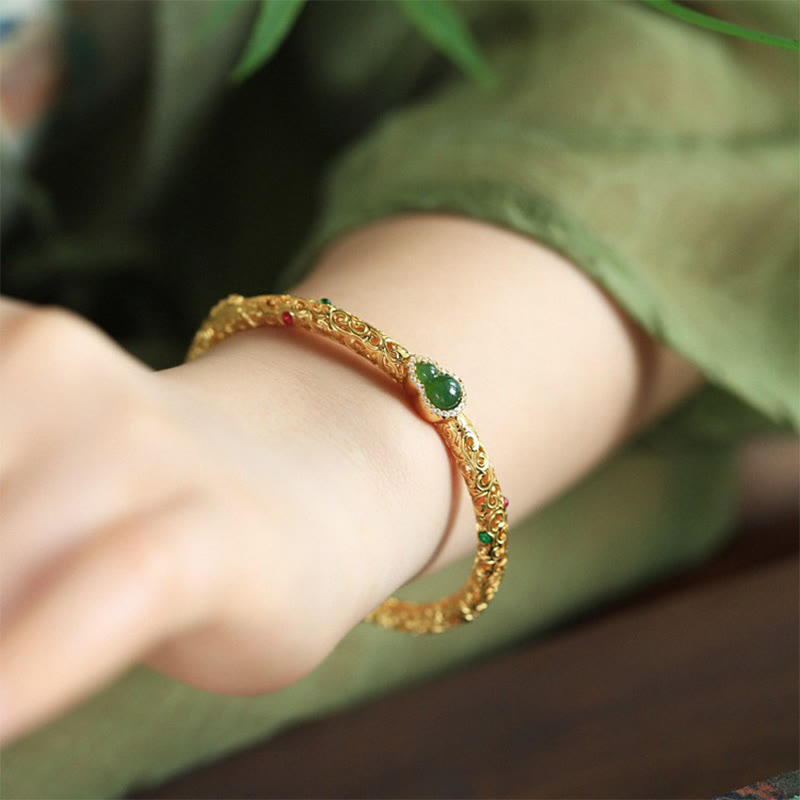 Cyan Jade Copper Plated Gold Auspicious Clouds Gourd Luck Bracelet Bangle - Image 5