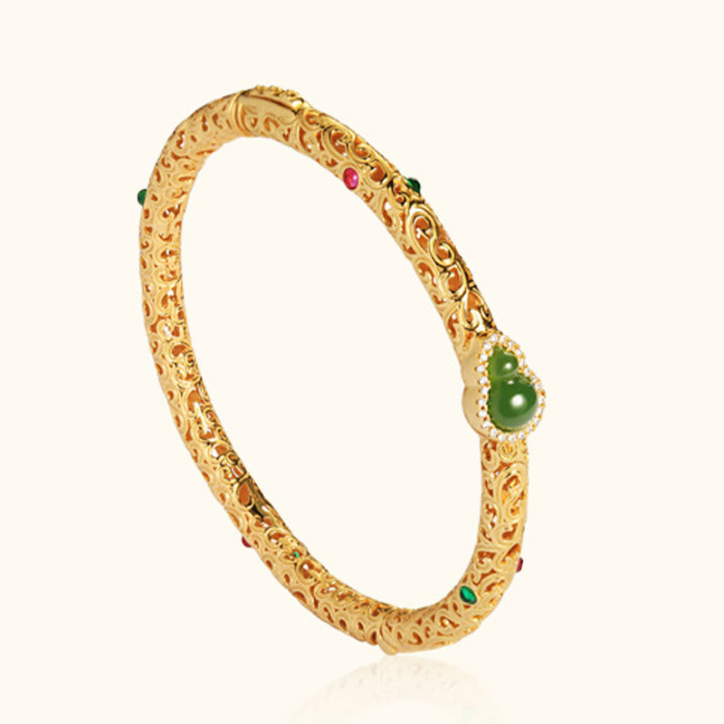 Cyan Jade Copper Plated Gold Auspicious Clouds Gourd Luck Bracelet Bangle - Image 15