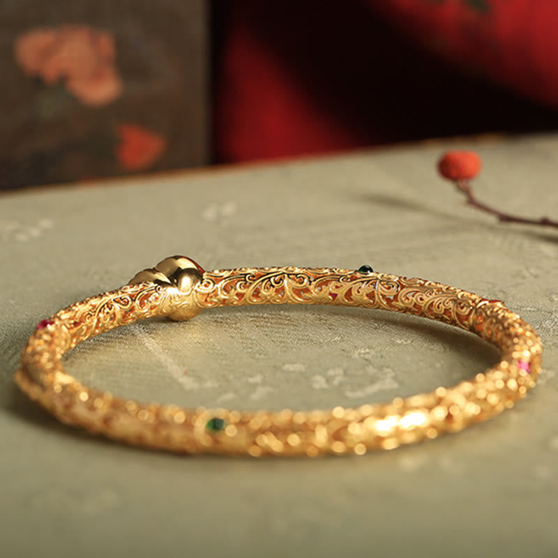 Cyan Jade Copper Plated Gold Auspicious Clouds Gourd Luck Bracelet Bangle - Image 3