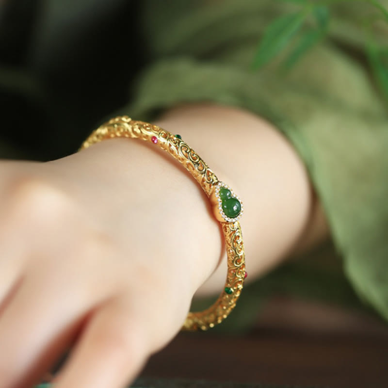 Cyan Jade Copper Plated Gold Auspicious Clouds Gourd Luck Bracelet Bangle - Image 9