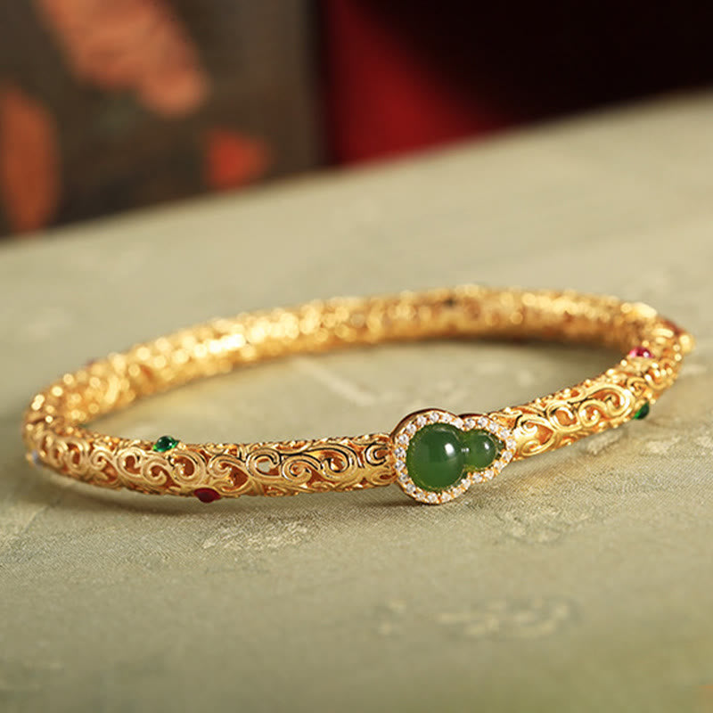 Cyan Jade Copper Plated Gold Auspicious Clouds Gourd Luck Bracelet Bangle - Image 11