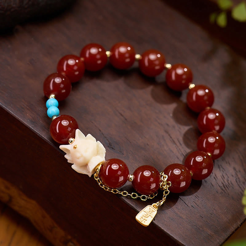 Nine Tailed Fox Joy Red Agate Ivory Fruit Copper Plated Gold Confidence Bracelet