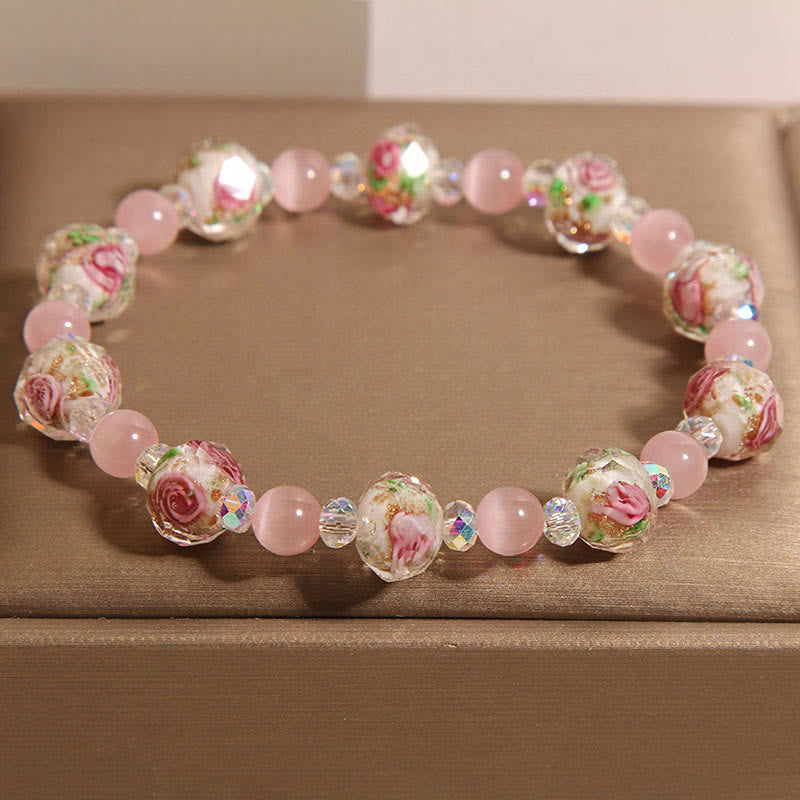 Pink Crystal Liuli Glass Bead Cat's Eye Warmth Bracelet