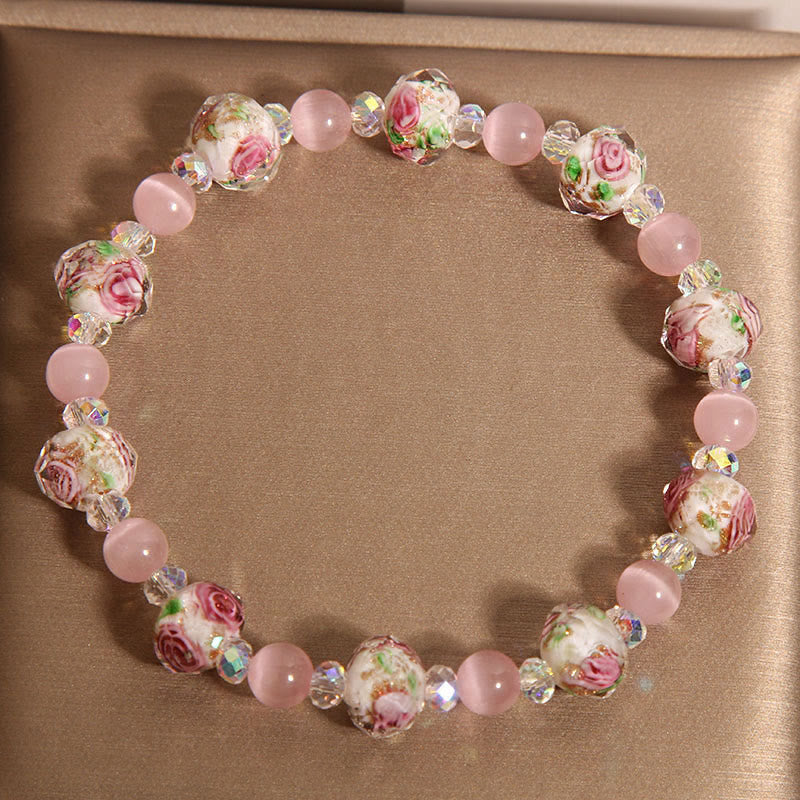 Pink Crystal Liuli Glass Bead Cat's Eye Warmth Bracelet - Image 4