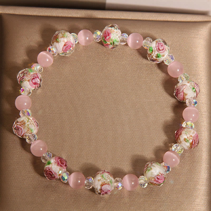 Pink Crystal Liuli Glass Bead Cat's Eye Warmth Bracelet - Image 3