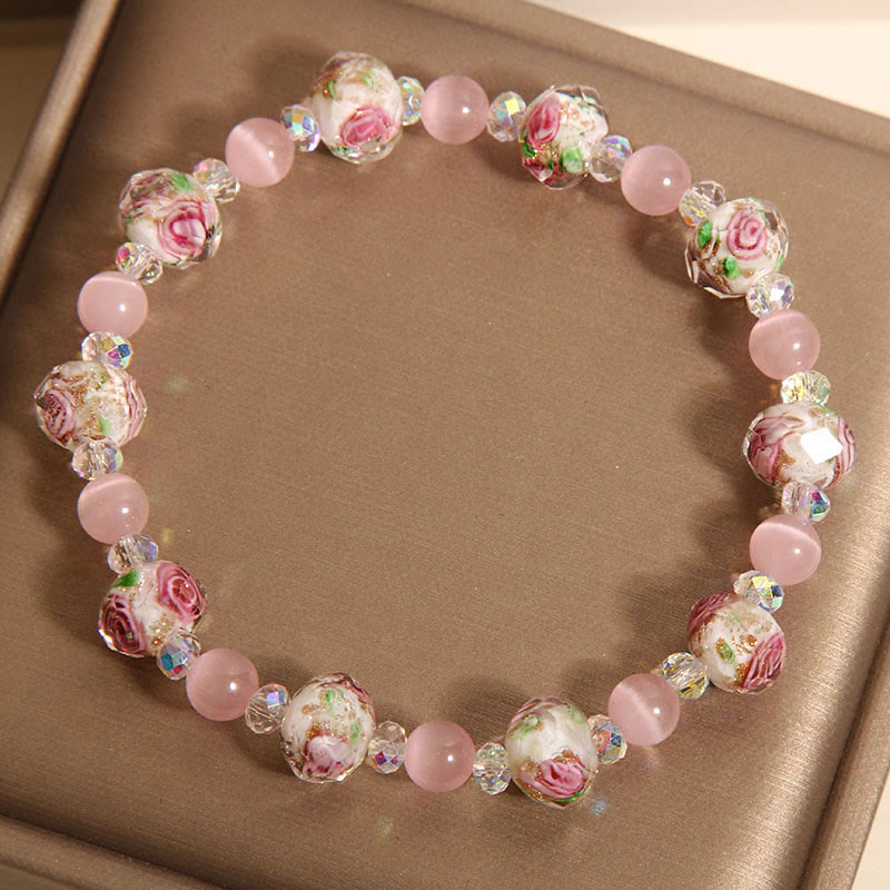 Pink Crystal Liuli Glass Bead Cat's Eye Warmth Bracelet - Image 5
