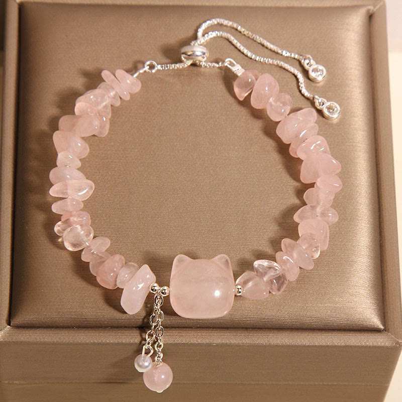 Natural Pink Crystal Agate Gravel Stone Cat Head Soothing Bracelet