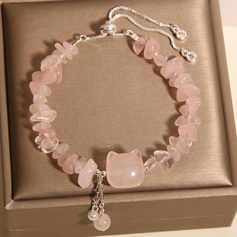 Natural Pink Crystal Agate Gravel Stone Cat Head Soothing Bracelet - Image 4