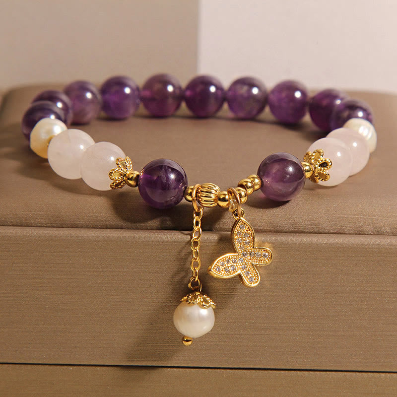 Natural Amethyst Pearl Crystal Spiritual Healing Butterfly Charm Bracelet