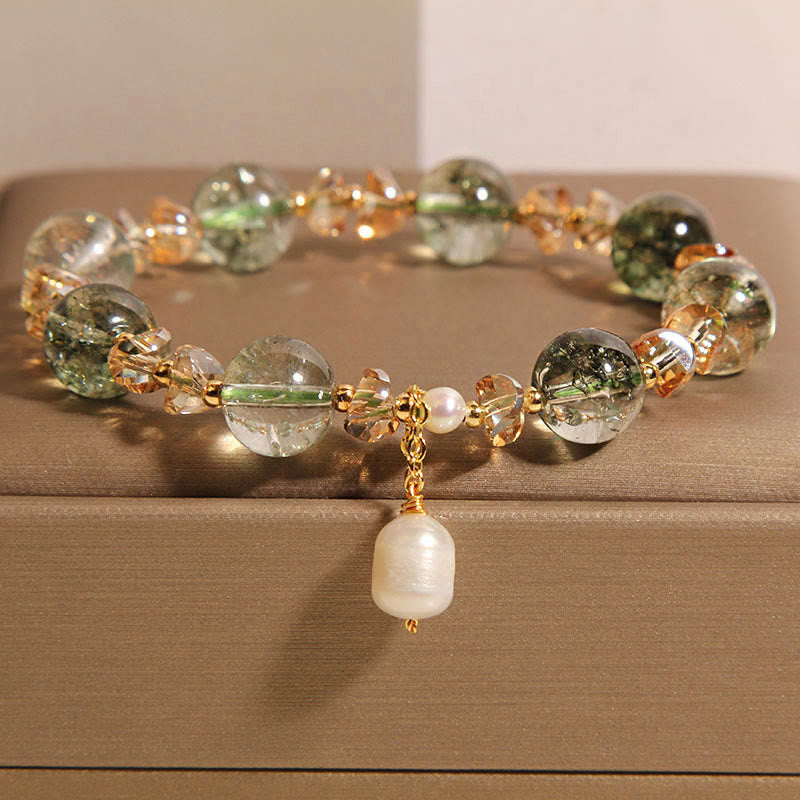 Natural Green Phantom Pearl Gravel Crystal Stone Confidence Bracelet