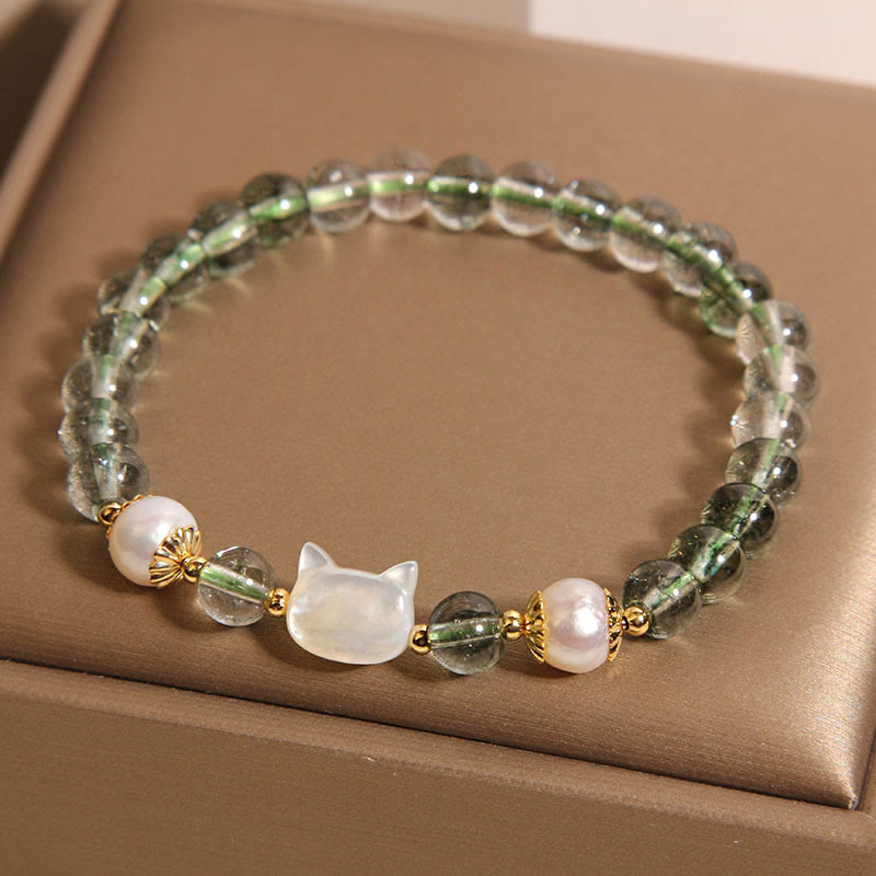 Natural Green Phantom Pearl Shell Cat Head Lucky Bracelet