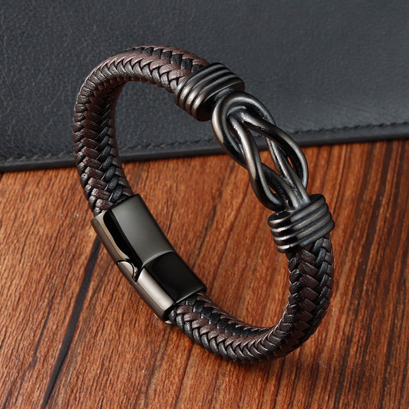 Endless Knot Pattern Titanium Steel Balance Leather Buckle Bracelet