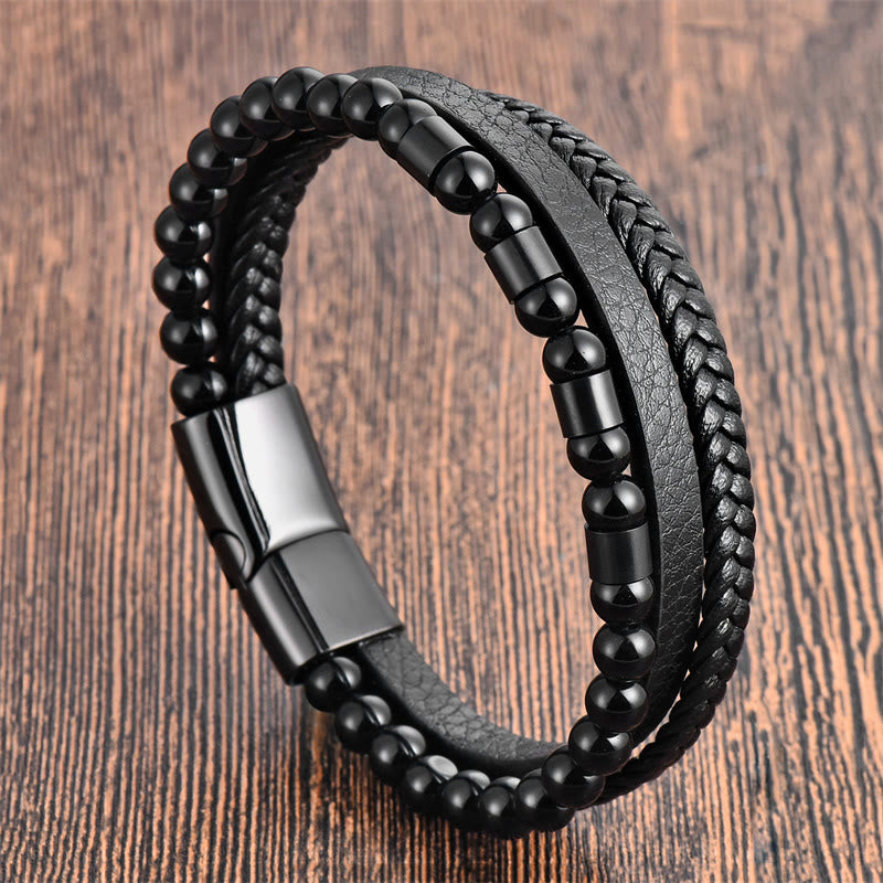 Frosted Stone Multi-layer Leather Titanium Steel Balance Buckle Bracelet