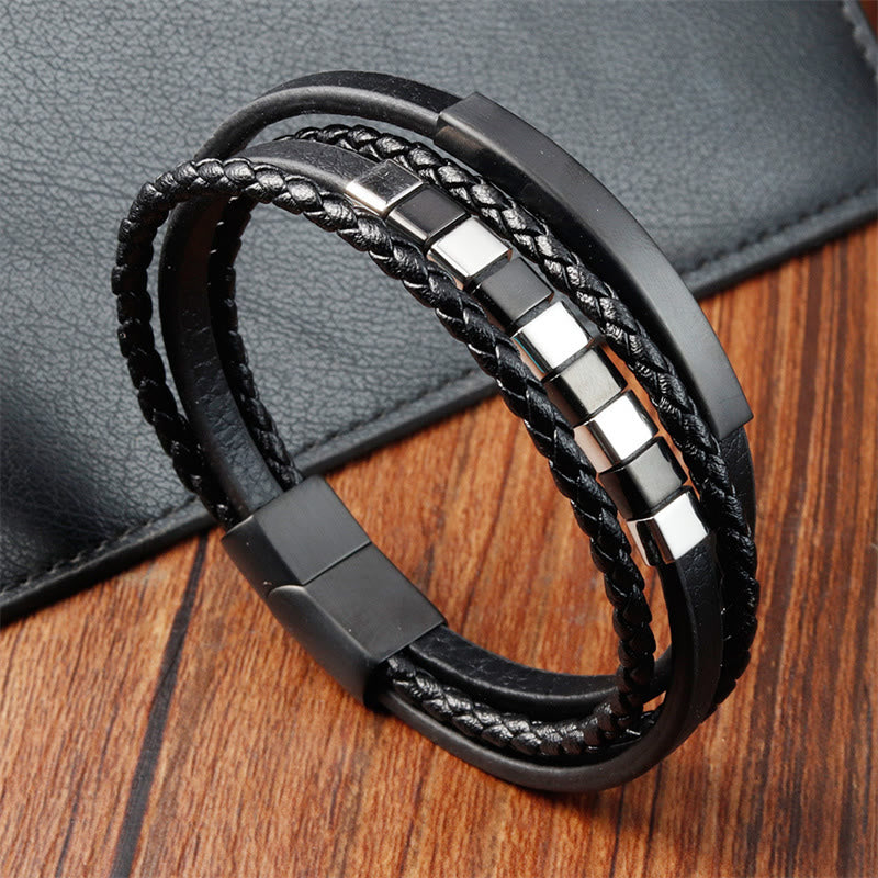 Square Titanium Steel Leather Multi-layer Buckle Calm Bracelet - Image 5