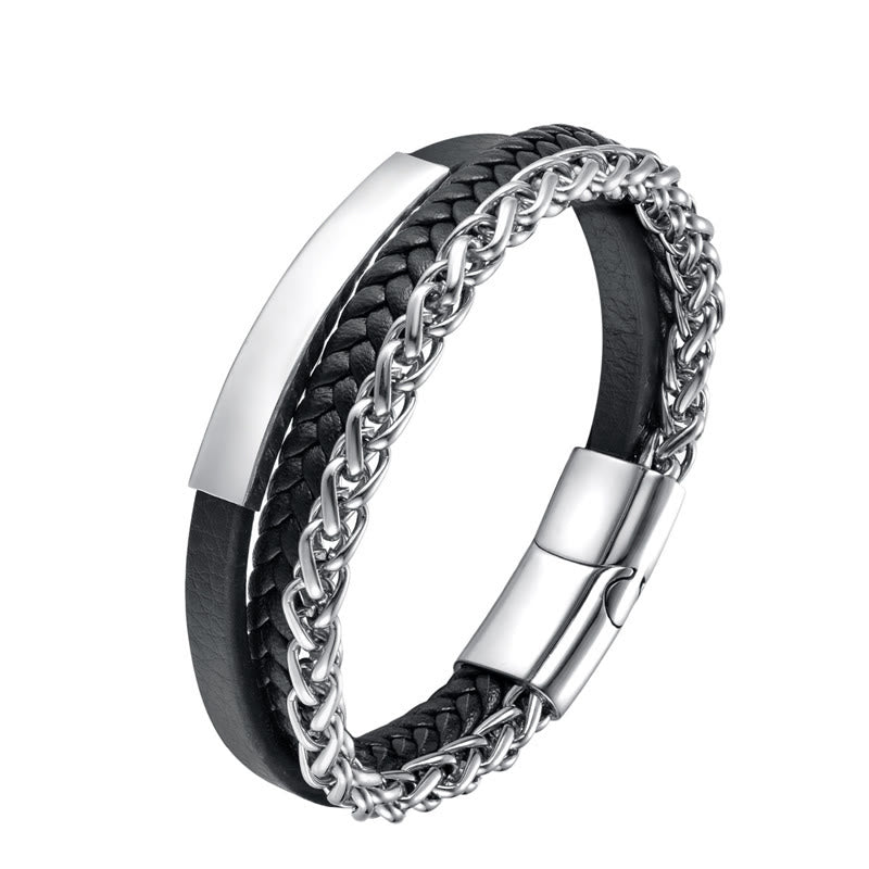 Woven Pattern Titanium Steel Stimulation Multi-layer Leather Buckle Bracelet - Image 10