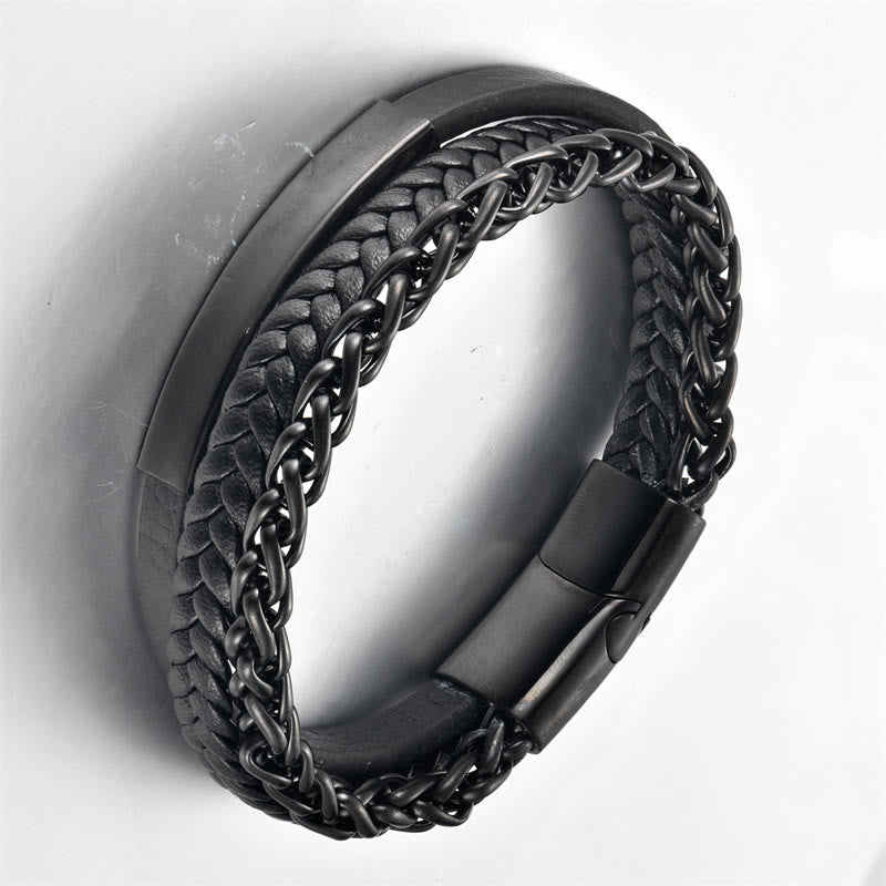 Woven Pattern Titanium Steel Stimulation Multi-layer Leather Buckle Bracelet - Image 4