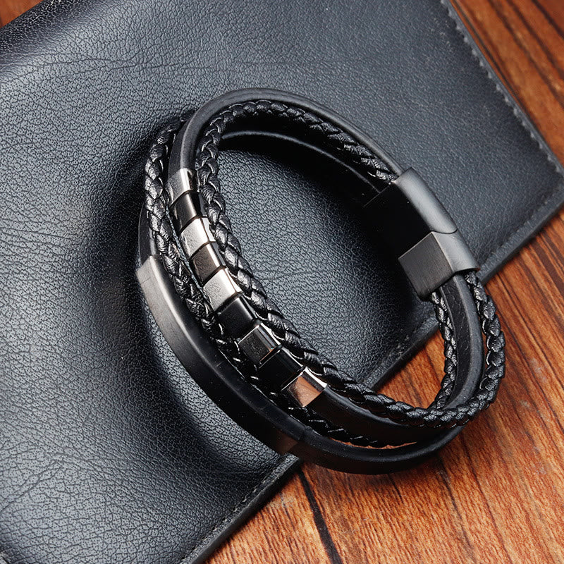 Square Titanium Steel Leather Multi-layer Buckle Calm Bracelet - Image 3