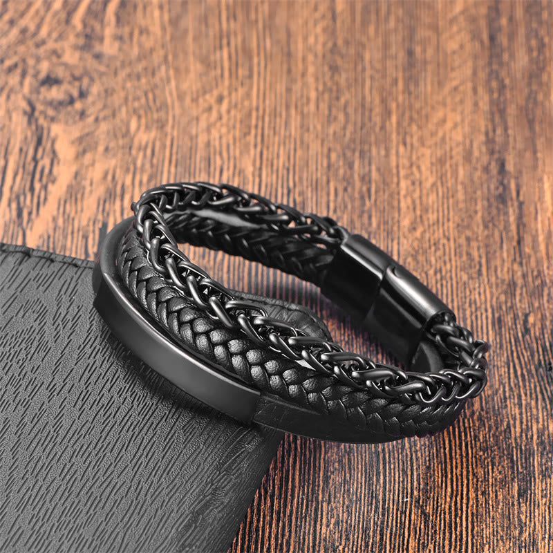 Woven Pattern Titanium Steel Stimulation Multi-layer Leather Buckle Bracelet - Image 3
