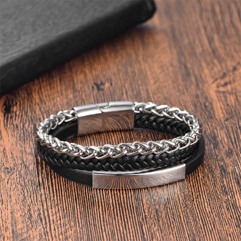 Woven Pattern Titanium Steel Stimulation Multi-layer Leather Buckle Bracelet - Image 8
