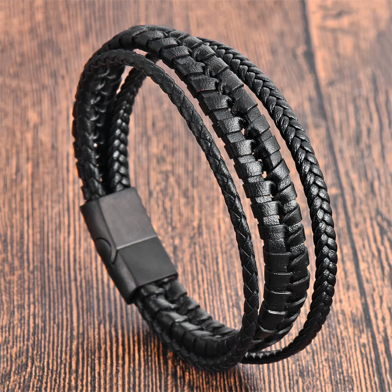 Simple Braided Pattern Titanium Steel Strengthen Multi-layer Leather Buckle Bracelet