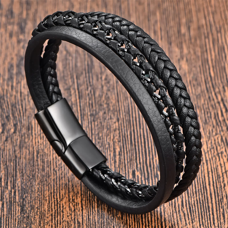 Braided Design Titanium Steel Calm Multi-layer Leather Buckle Bracelet - Image 3