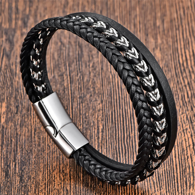 Braided Design Titanium Steel Calm Multi-layer Leather Buckle Bracelet