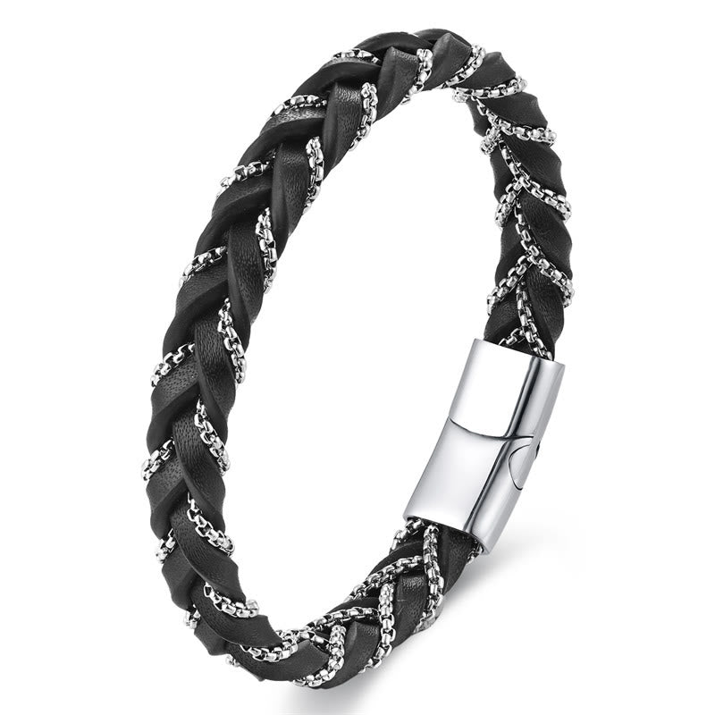 Simple Design Titanium Steel Calm Braided Leather Buckle Bracelet - Image 11