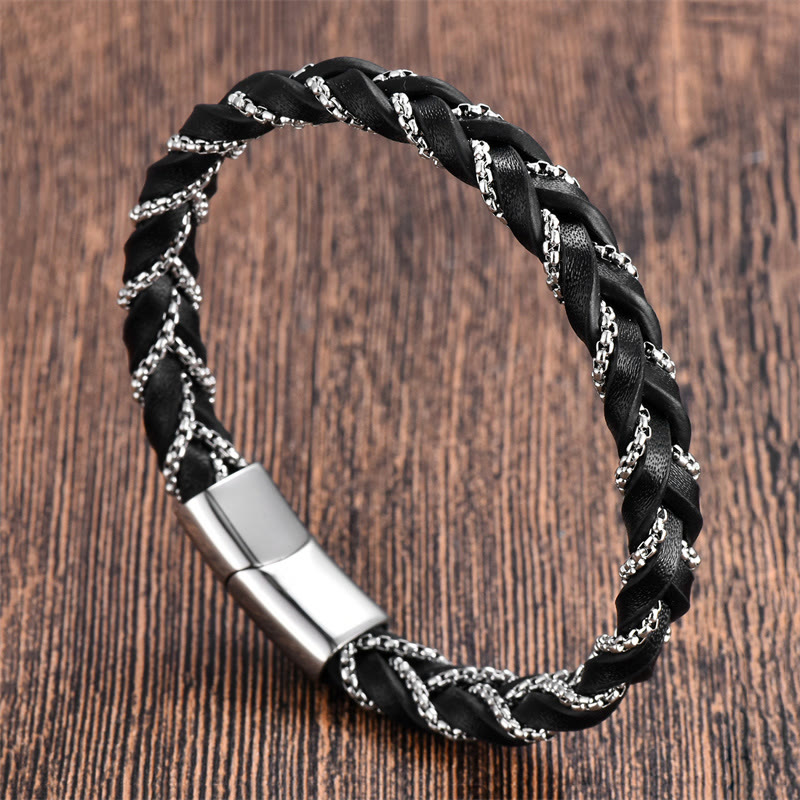 Simple Design Titanium Steel Calm Braided Leather Buckle Bracelet - Image 8
