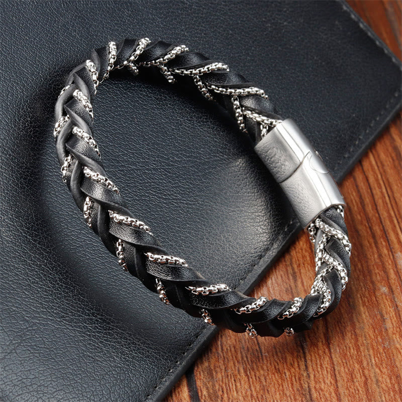 Simple Design Titanium Steel Calm Braided Leather Buckle Bracelet - Image 9