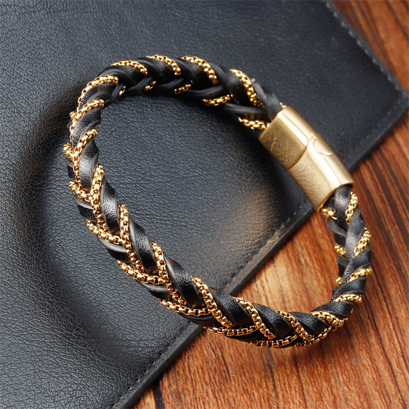Simple Design Titanium Steel Calm Braided Leather Buckle Bracelet - Image 4