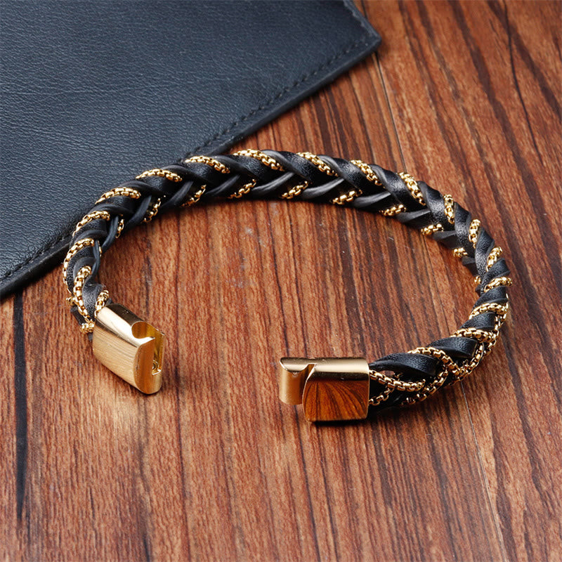 Simple Design Titanium Steel Calm Braided Leather Buckle Bracelet - Image 3