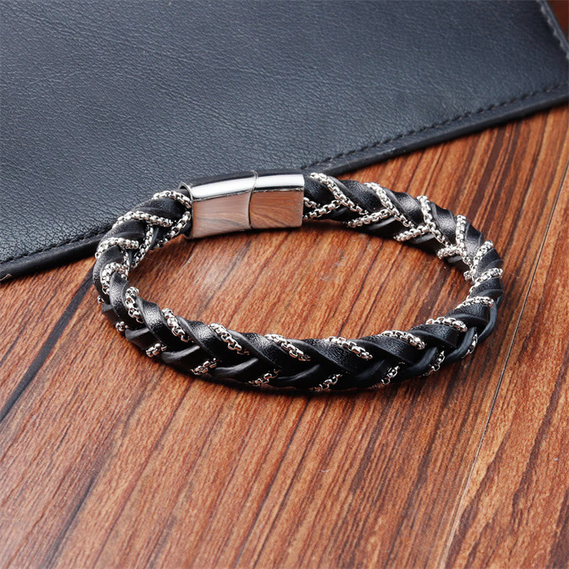 Simple Design Titanium Steel Calm Braided Leather Buckle Bracelet - Image 10