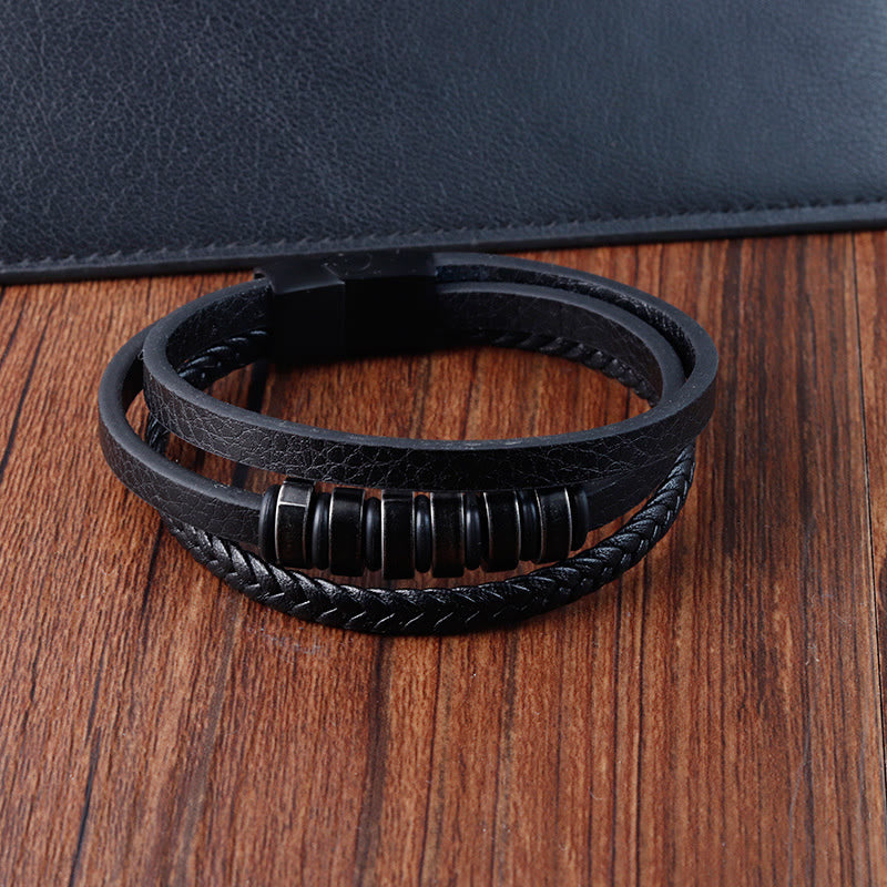 Simple Titanium Steel Braided Three-layer Leather Buckle Calm Bracelet - Image 5