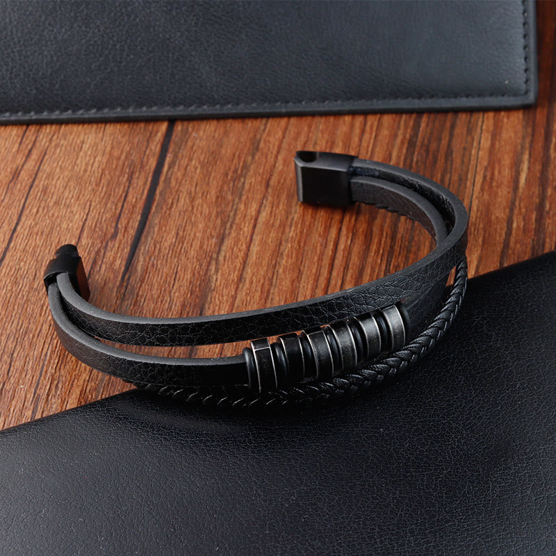 Simple Titanium Steel Braided Three-layer Leather Buckle Calm Bracelet - Image 3