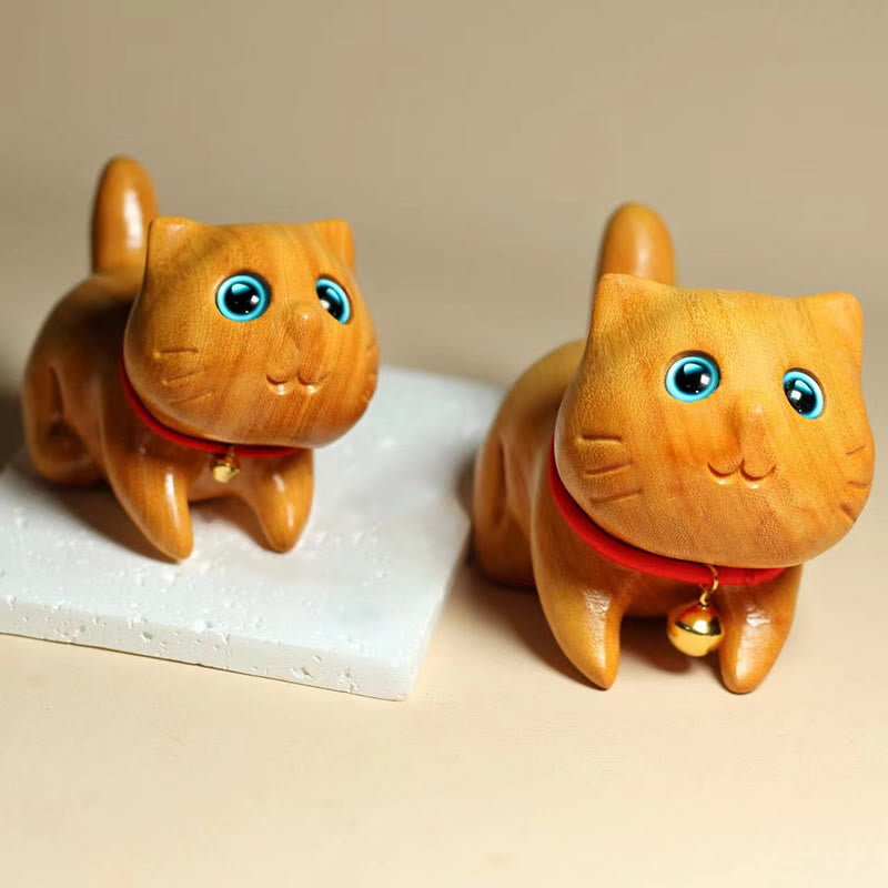 Mini Sandalwood Carved Lucky Confident Cat Healing Decoration - Image 13