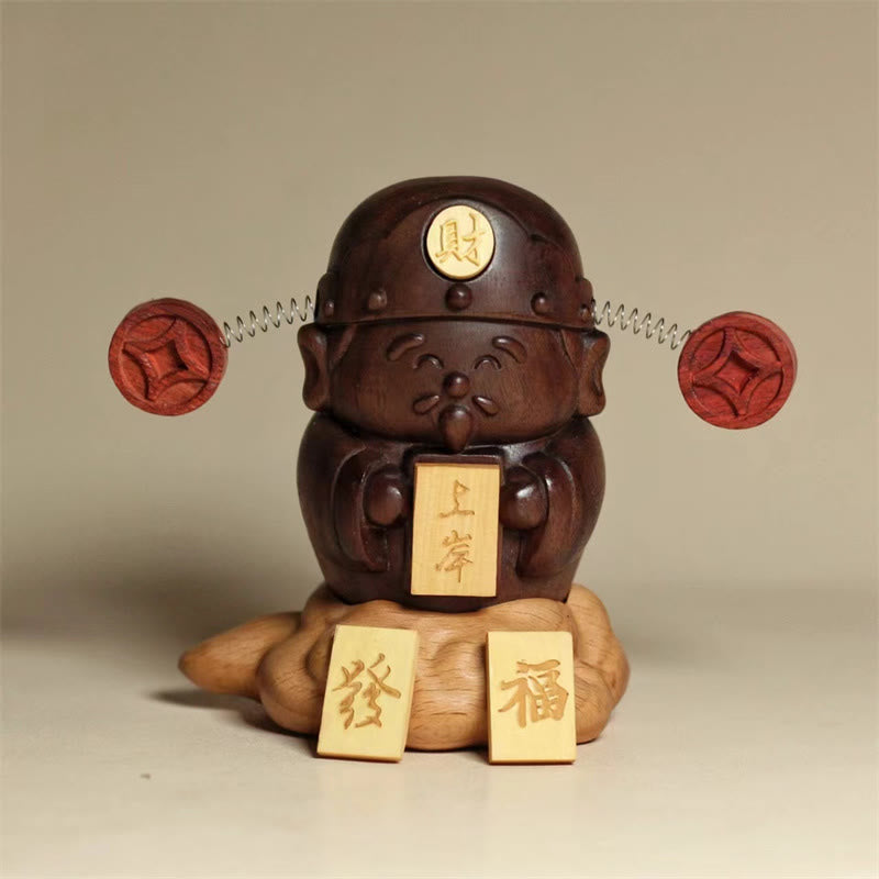 God Of Wealth Caishen Black Walnut Beech Statue Fu Character Copper Coins Home Decoration